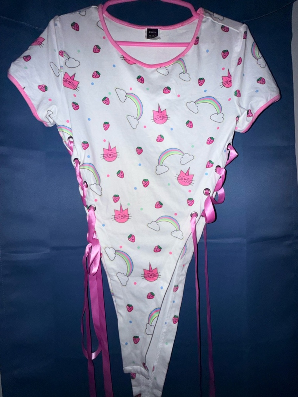 SHEIN White Bodysuit with Pink Trim and Pastel Rainbow Print